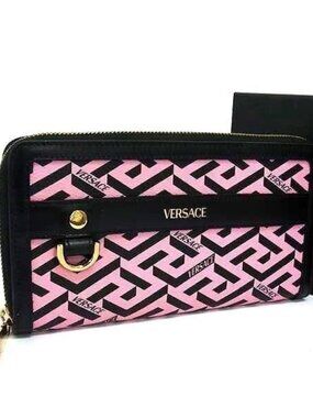Versace Wallet Greca Pink Black Leather Round Zippy Gold